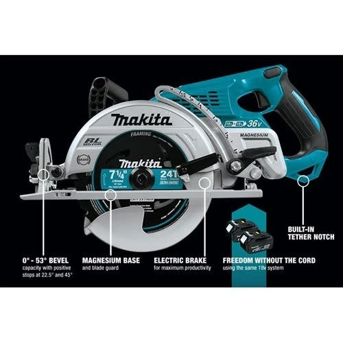 Makita Tools Makita 18Vx2 LXT Brushless 7-1/4" Rear-Handle Circular Saw (5.0Ah) Kit Cordless XSR01PT 4 Makita Tools Makita 18Vx2 LXT Brushless 7-1/4" Rear-Handle Circular Saw (5.0Ah) Kit Cordless XSR01PT - Image 2